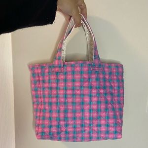 HANDMADE Pink and Green Gingham Quilted Tote Bag